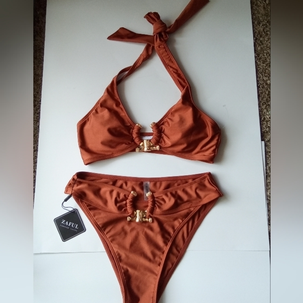 NWT Zaful Brown Bikini Set – Knot-Detail Top, Satin-Like Finish